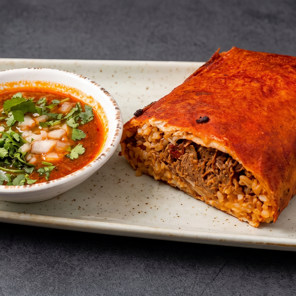 Crispy red-sauced burrito stuffed with rice and shredded meat, served beside cilantro-topped red soup on a ceramic platter.